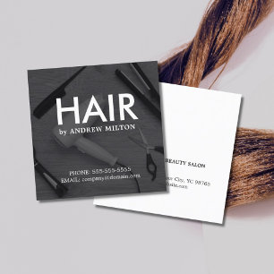 Modern Elegant Black & White Hairdresser Square Business Card