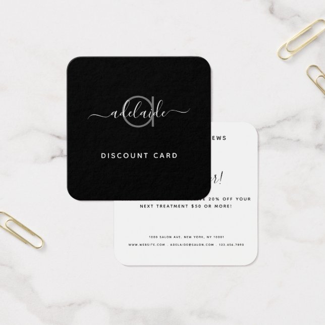 Modern Elegant Black White Monogram Discount Card (Office)