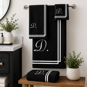 Modern Elegant Black & White Monogram Initial Bath Towel Set