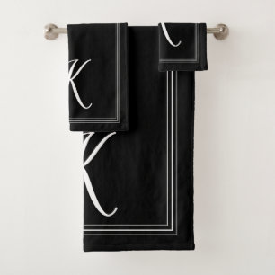 Modern Elegant Black White Monogram Script Bath Towel Set