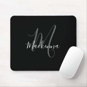 Modern Elegant Black White Monogram Script Girly Mouse Pad