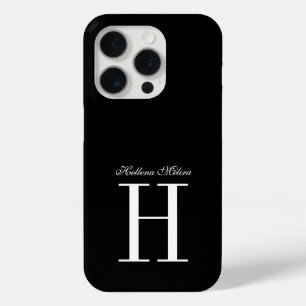 Modern Elegant Black White Monogram Script Name iPhone 15 Pro Case