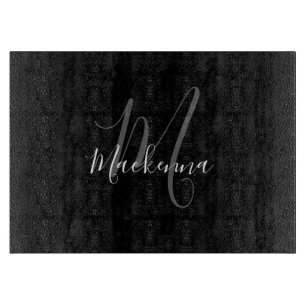 Modern Elegant Black White Monogram Script Name Cutting Board