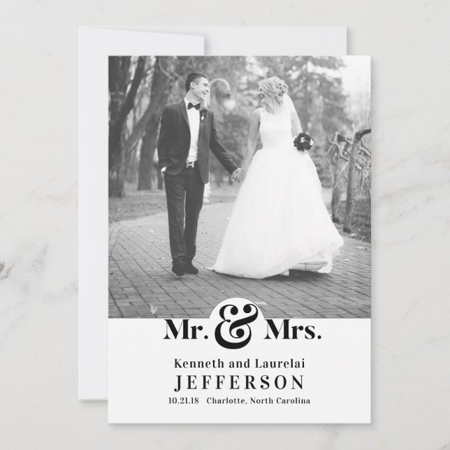 Modern Elegant Black White Mr and Mrs Wedding Announcement (Front)