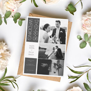 Modern Elegant Black White Photo Collage Wedding Holiday Card