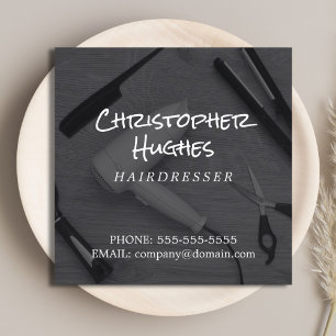 Modern Elegant Black & White Photo Hairdresser Square Business Card
