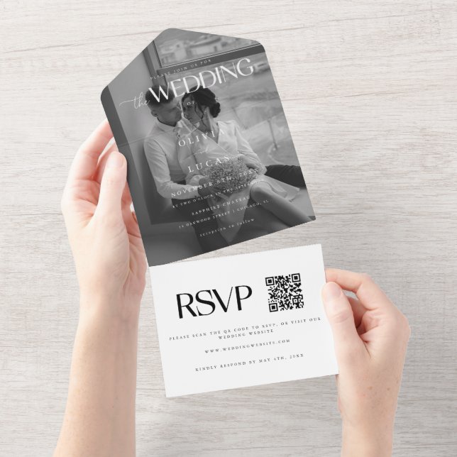 Modern & Elegant Black & White Photo Wedding All In One Invitation (Tearaway)