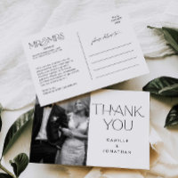 Modern Elegant Black White Photo Wedding Thank you
