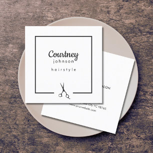 Modern Elegant Black White Scissors Hairstylist Square Business Card