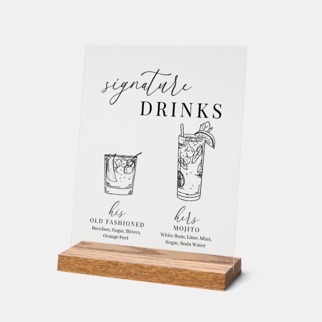 Modern Elegant Black & White Signature Drinks Acrylic Sign (Angle)