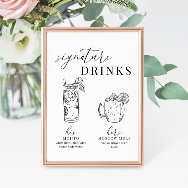 Modern Elegant Black & White Signature Drinks Sign (Creator Uploaded)