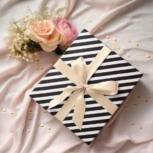 Modern Elegant Black White Stripes Gold Text Gift Wrapping Paper