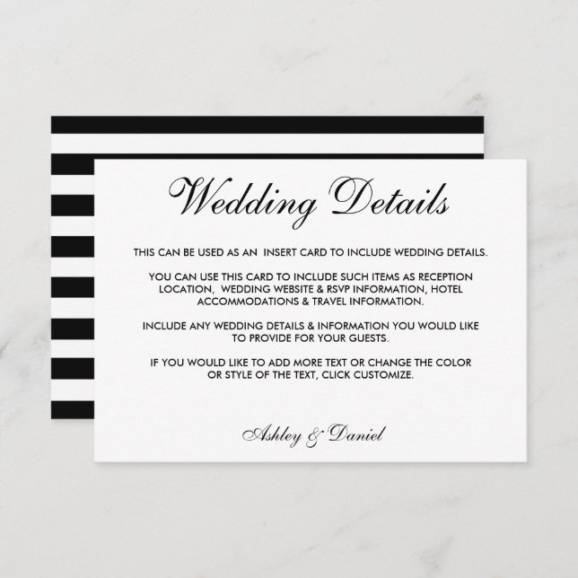 Modern Elegant Black & White Wedding Details S Invitation (Front/Back)
