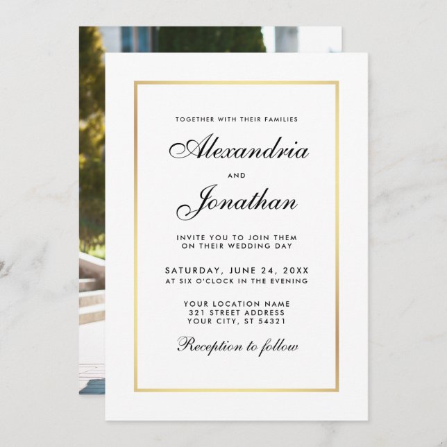 Modern Elegant Black White Wedding Invite - Photo (Front/Back)