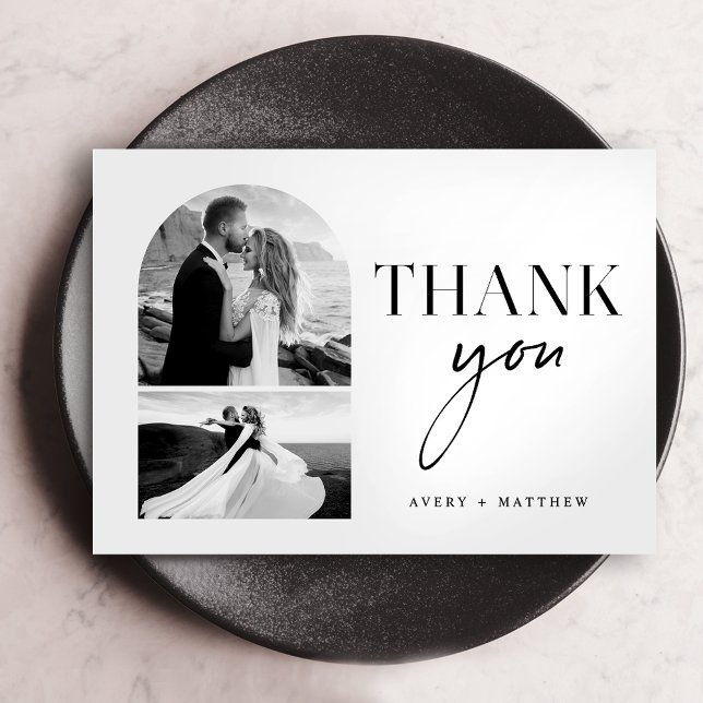 Modern Elegant Black White Wedding Photo Thank You Card (Creator Uploaded)