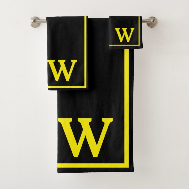 Modern Elegant Black Yellow Monogram Script  Bath Towel Set (Insitu)