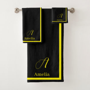 Modern Elegant Black Yellow Monogram Script Name Bath Towel Set