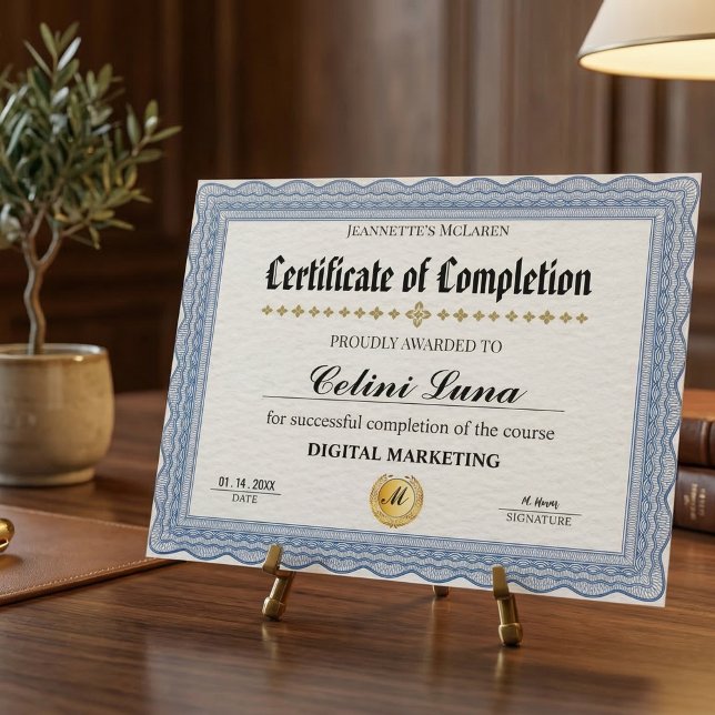 Modern Elegant Blue and Gold Certificate of Comple (Celebrate Achievements with Personalized Trophies  )