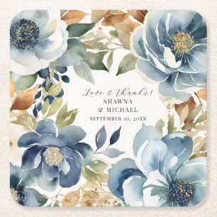 Modern Elegant Blue and Gold Fall Floral Wedding Square Paper Coaster