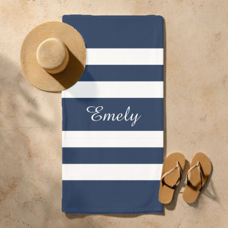 Modern Elegant Blue And White Stripes Pattern Name Beach Towel
