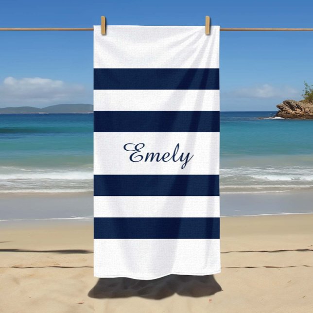 Modern Elegant Blue And White Stripes Pattern Name Beach Towel (Modern Elegant Blue And White Stripes Pattern Name Beach Towel)