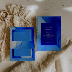 modern elegant blue and white wedding invitation belly band
