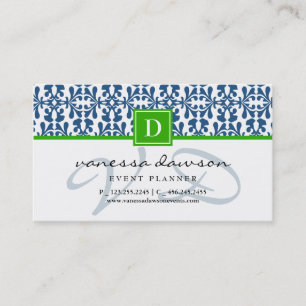 Modern Elegant Blue Arabesque Damask Monogram Business Card