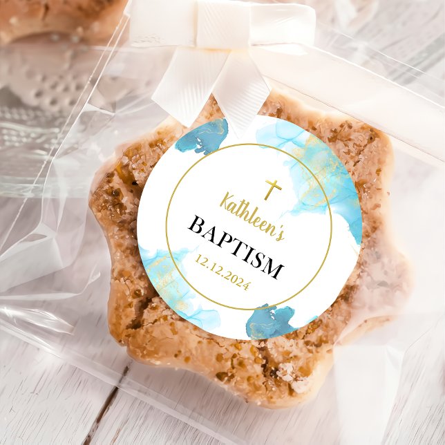 Modern Elegant Blue Baptism Classic Round Sticker (Creator Uploaded)