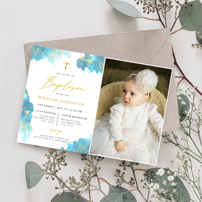 Modern Elegant Blue Baptism Photo  Invitation (Creator Uploaded)