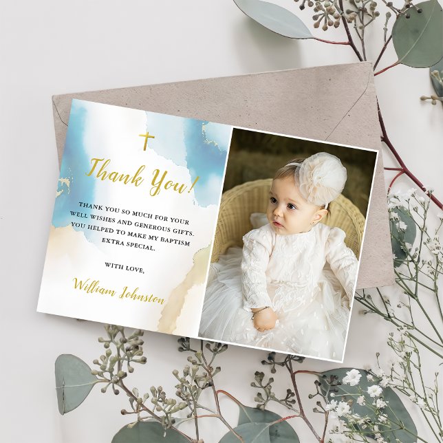 Modern Elegant Blue Baptism Photo Thank You Card (Creator Uploaded)