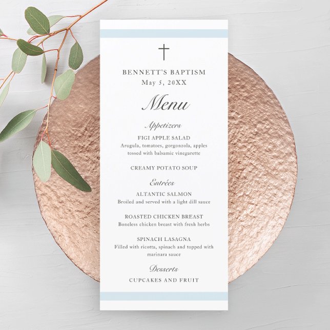 Modern Elegant Blue Boys Baptism Program (Modern boys baptism menu with script headlines and simple cross.)