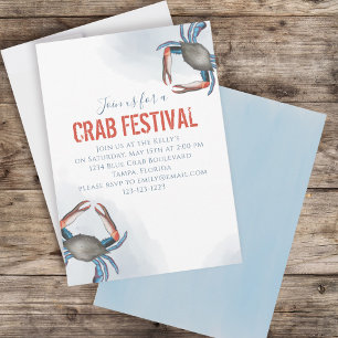Modern Elegant Blue Crab Minimalist Watercolor Invitation