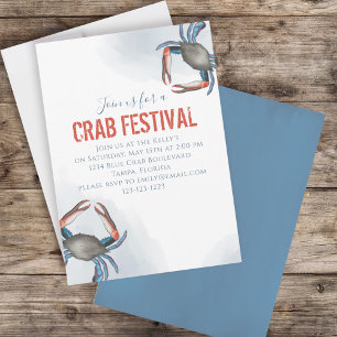 Modern Elegant Blue Crab Minimalist Watercolor Invitation