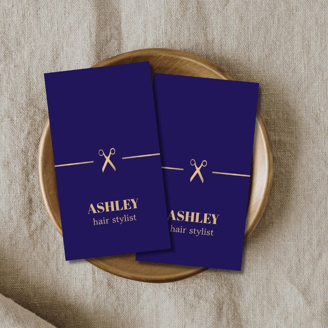 Modern Elegant Blue Faux Gold Scissor Hair Stylist Business Card (Creator Uploaded)