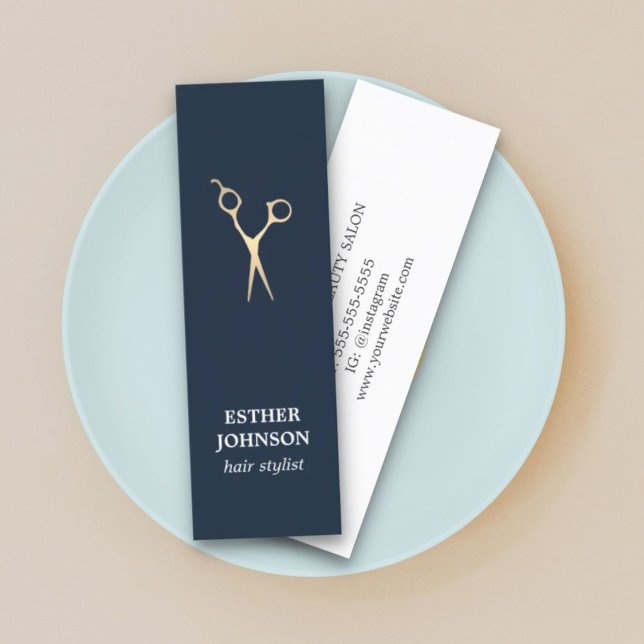 Modern Elegant Blue Faux Gold Scissors Hair Mini Business Card (Creator Uploaded)
