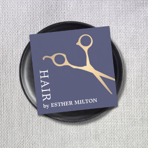 Modern Elegant Blue Faux Gold Scissors Hairdresser Square Business Card