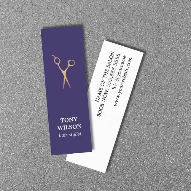 Modern Elegant Blue Faux Gold Scissors Salon Mini Business Card (Creator Uploaded)