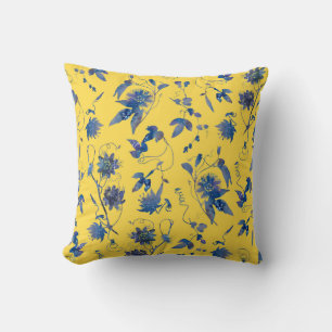 Modern Elegant Blue Flowers Mustard Yellow Cushion