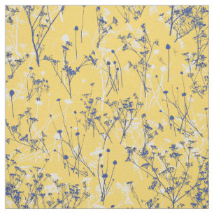Modern Elegant Blue Flowers Mustard Yellow  Fabric