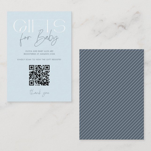 Modern Elegant Blue Gifts Baby Shower QR Code Enclosure Card (Front/Back)