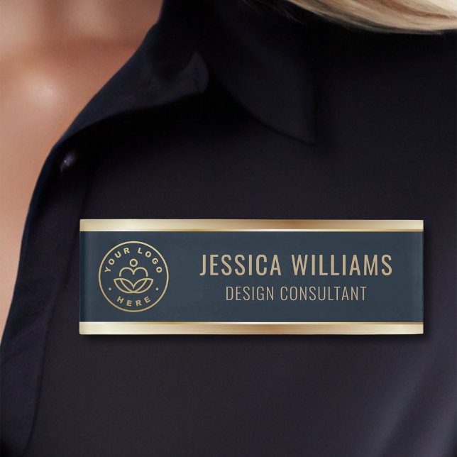 Modern Elegant Blue Gold Business Logo Name Tag (Creator Uploaded)