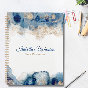 Modern Elegant Blue Gold Liquid Watercolor Ink  Planner