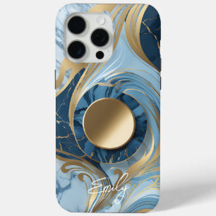 Modern Elegant Blue Gold Marble iPhone 15 Pro Max Case