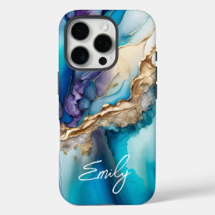 Modern Elegant Blue Gold Marble Personalised Name iPhone 16 Pro Case