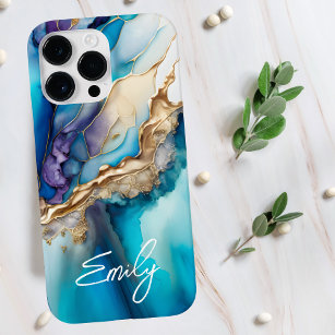 Modern Elegant Blue Gold Marble Personalised Name Case-Mate iPhone 14 Pro Max Case