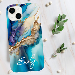 Modern Elegant Blue Gold Marble Personalised Name Case-Mate iPhone 14 Case
