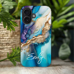 Modern Elegant Blue Gold Marble Personalised Name iPhone 16 Case<br><div class="desc">Modern Elegant Blue Gold Marble Personalised Name iPhone 16 Cases features your personalised name in an elegant calligraphy script typography on a modern blue and gold marble background. Perfect gift for her for birthday,  mum for Mother's Day,  sister or bestie for Christmas and holidays. Designed by ©Evco Studio www.zazzle.com/store/evcostudio</div>