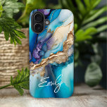 Modern Elegant Blue Gold Marble Personalised Name iPhone 16 Plus Case<br><div class="desc">Modern Elegant Blue Gold Marble Personalised Name iPhone 16 Plus Cases features your personalised name in an elegant calligraphy script typography on a modern blue and gold marble background. Perfect gift for her for birthday, mum for Mother's Day, sister or bestie for Christmas and holidays. Designed by ©Evco Studio www.zazzle.com/store/evcostudio...</div>
