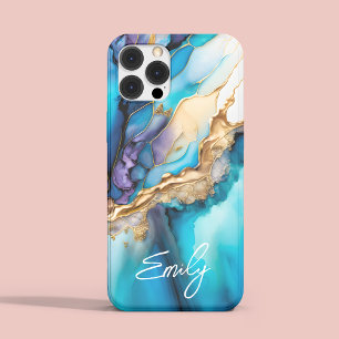 Modern Elegant Blue Gold Marble Personalised Name iPhone 15 Pro Case