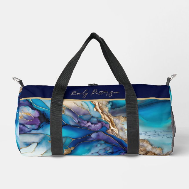 Modern Elegant Blue Gold Marble Personalised Name Duffle Bag (Front)